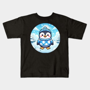 Cute Winter Penguin With Christmas Background And Puzzle Piece Sweater Kids T-Shirt